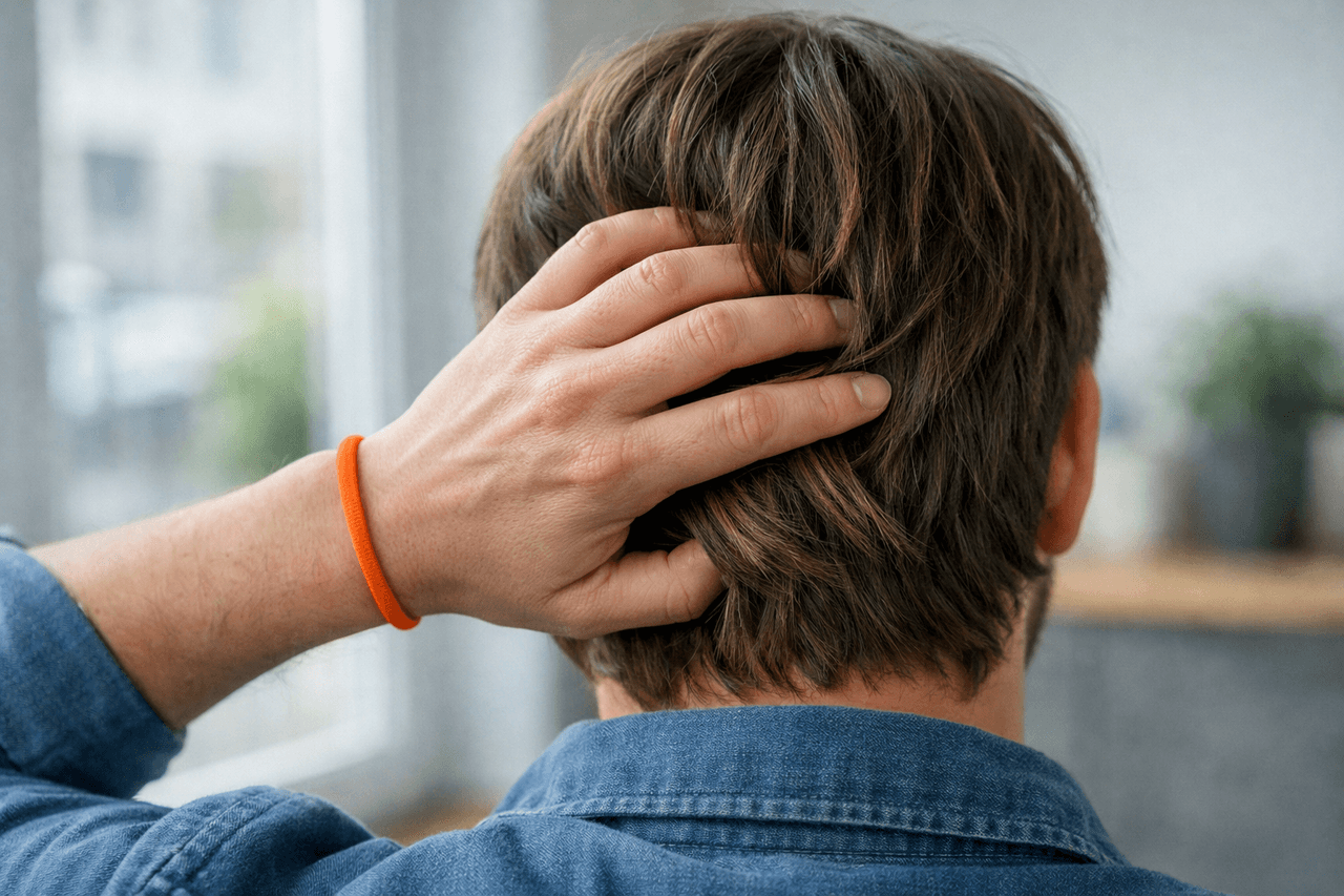 Hand mit orangem Haargummi am Handgelenk fährt durch braune Haare am Hinterkopf, von hinten gesehen