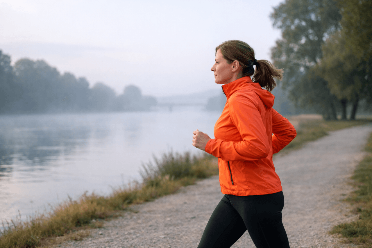 Frau in oranger Laufjacke joggt am frühen Morgen auf einem Kiesweg an einem Fluss mit Nebel, seitlich gesehen