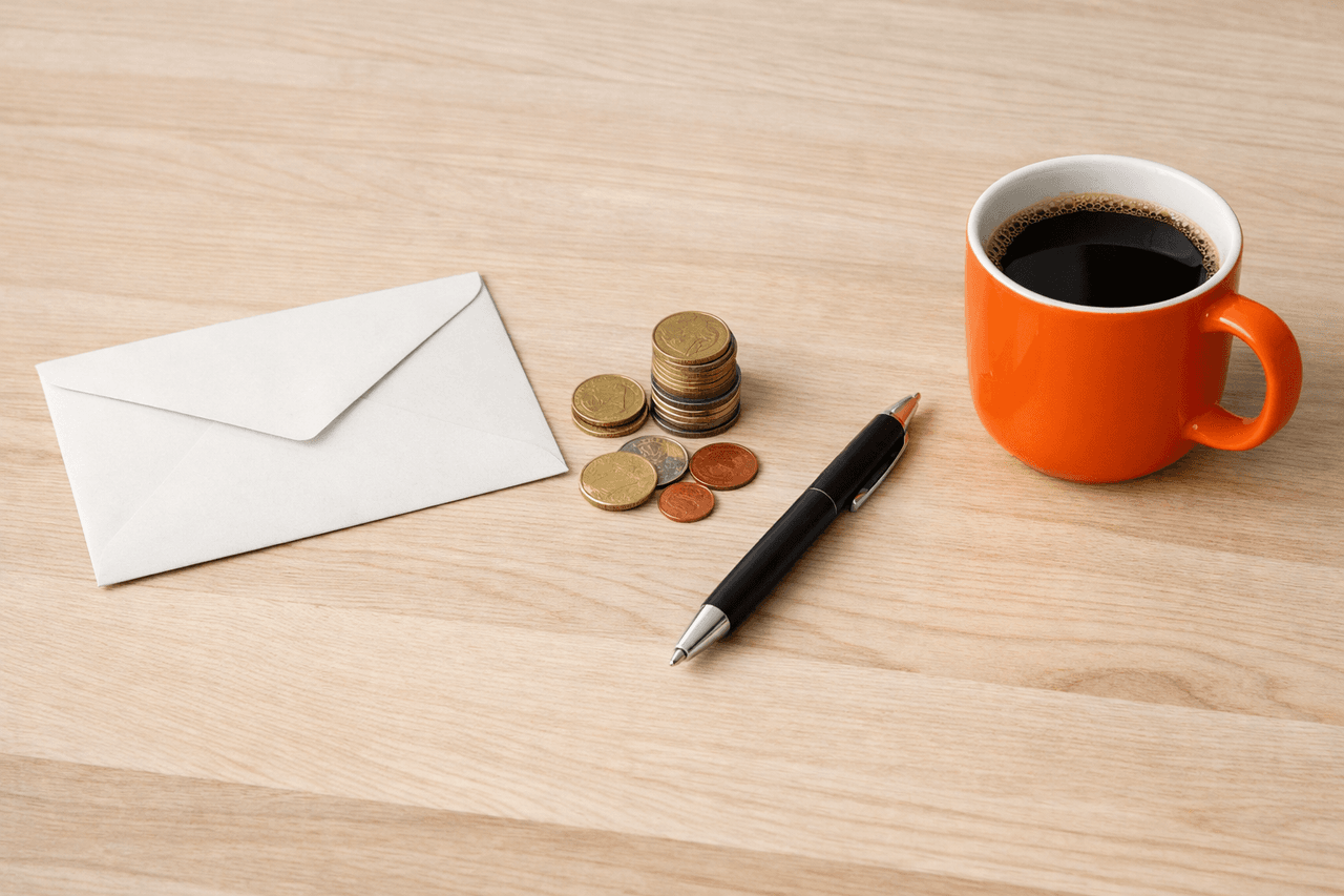 Briefumschlag, ein kleiner Stapel Münzen, ein Kugelschreiber und eine orange Kaffeetasse auf einem hellen Holztisch, von oben