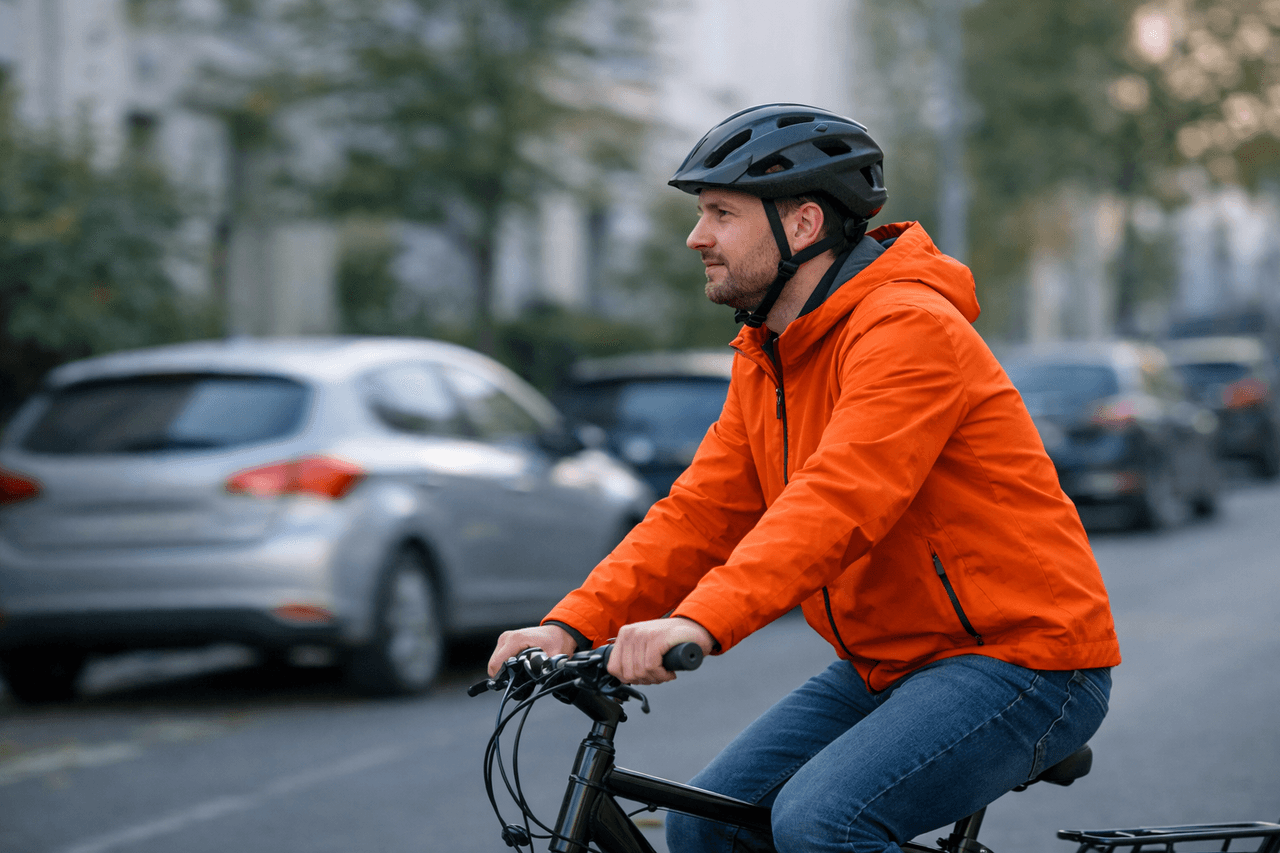 Mann mit Fahrradhelm und oranger Jacke fährt Rad durch eine Stadtstraße, dahinter unscharf geparkte Autos
