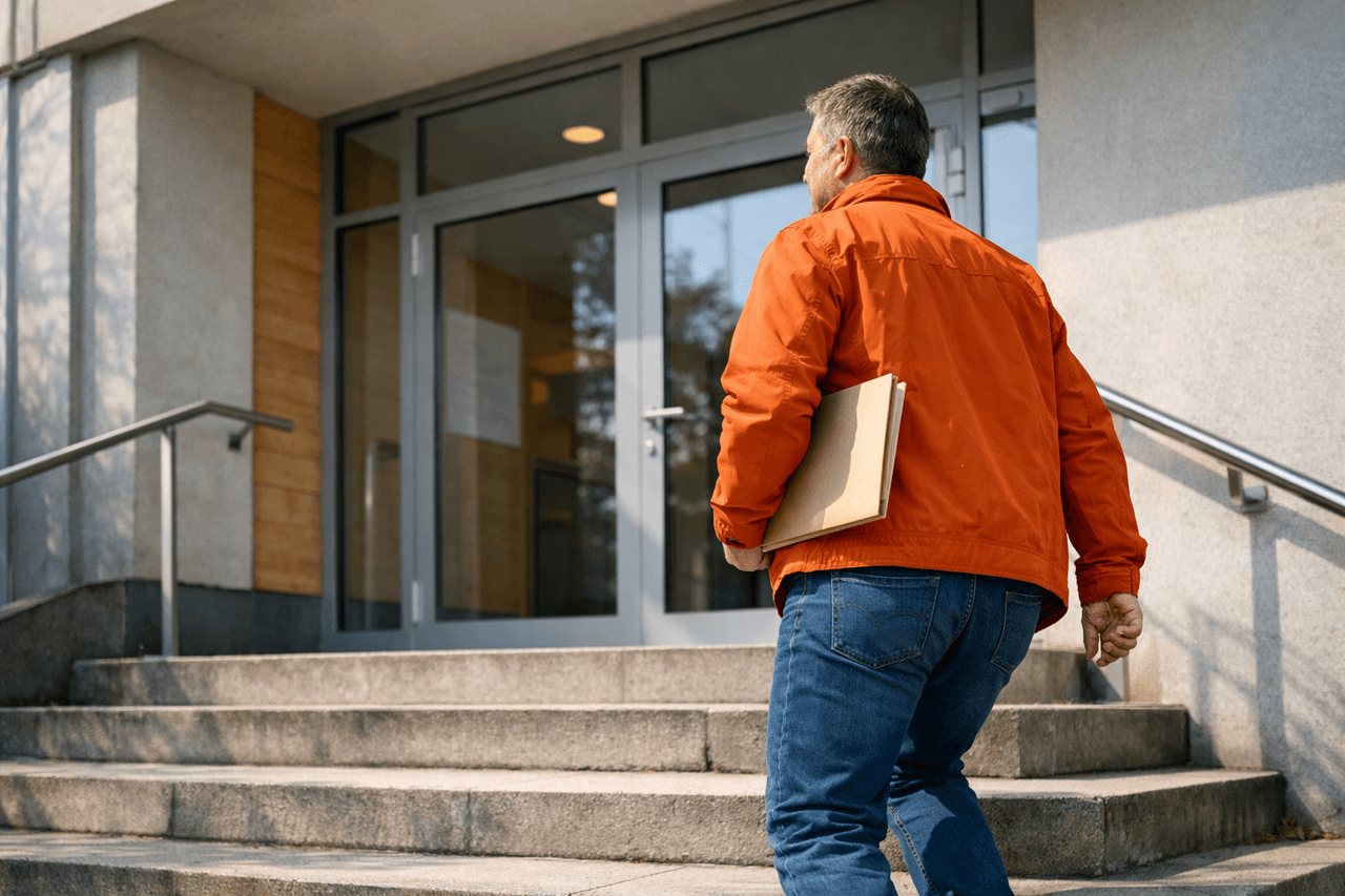 Mann in oranger Jacke und Jeans steigt mit einer Mappe unter dem Arm die Stufen zu einem Bürogebäude mit Glastür hinauf, von hinten gesehen