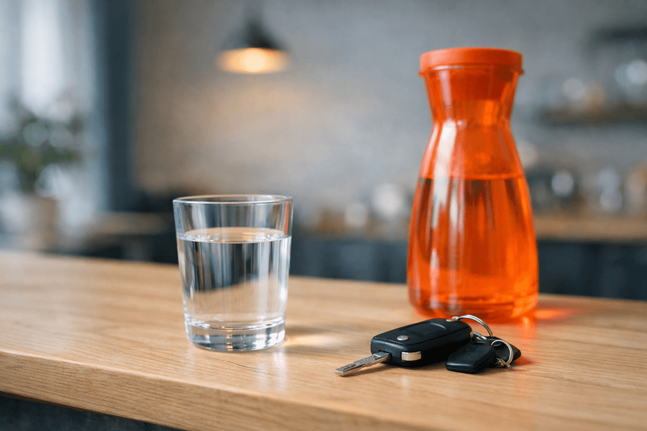 Glas Wasser, orange Glaskaraffe und ein Autoschlüssel auf einer hellen Holztheke, Hintergrund unscharf