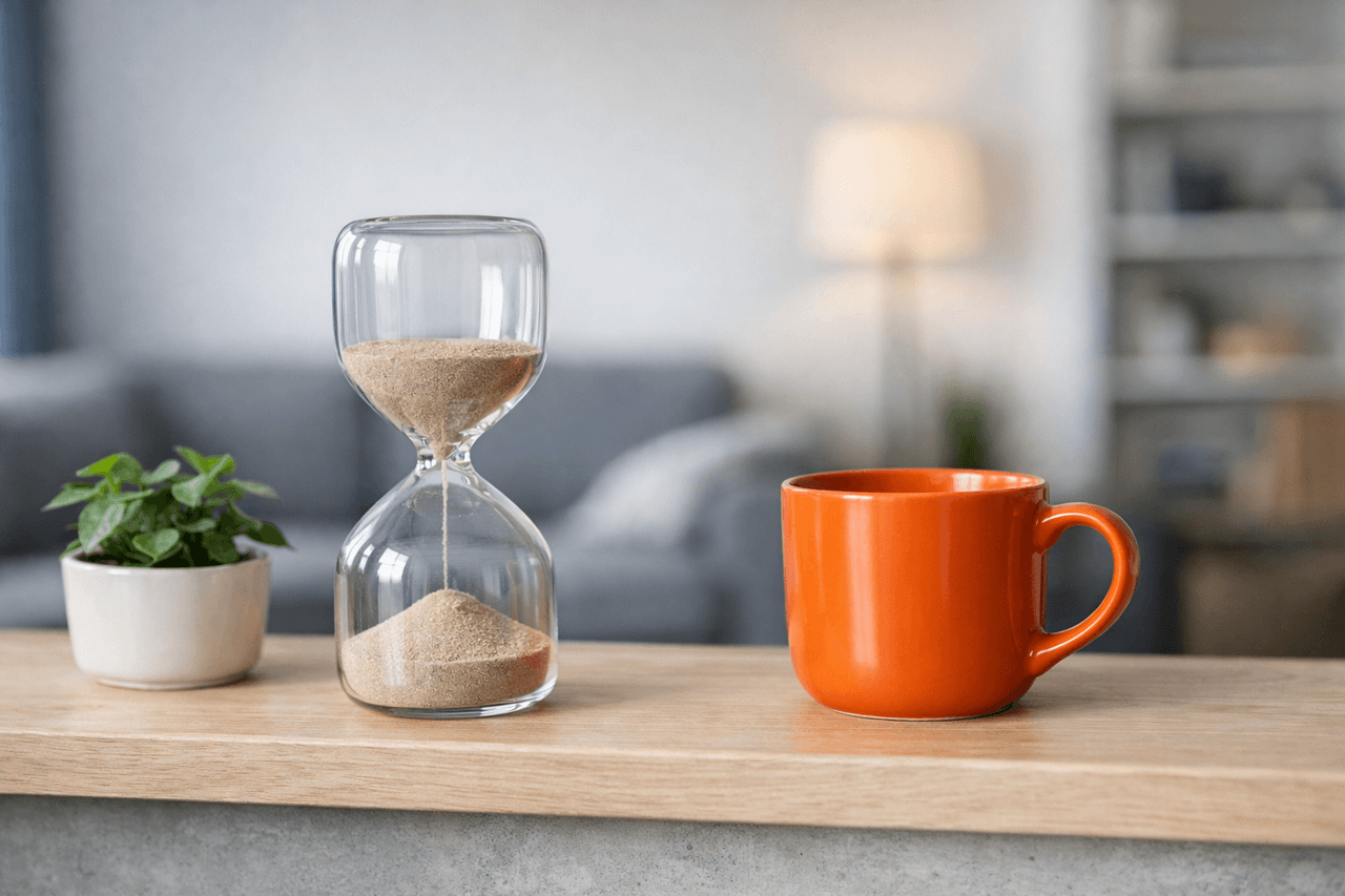 Sanduhr mit hellem Sand auf einem Holzregal, daneben eine kleine Pflanze und eine orange Tasse, Wohnzimmer unscharf im Hintergrund