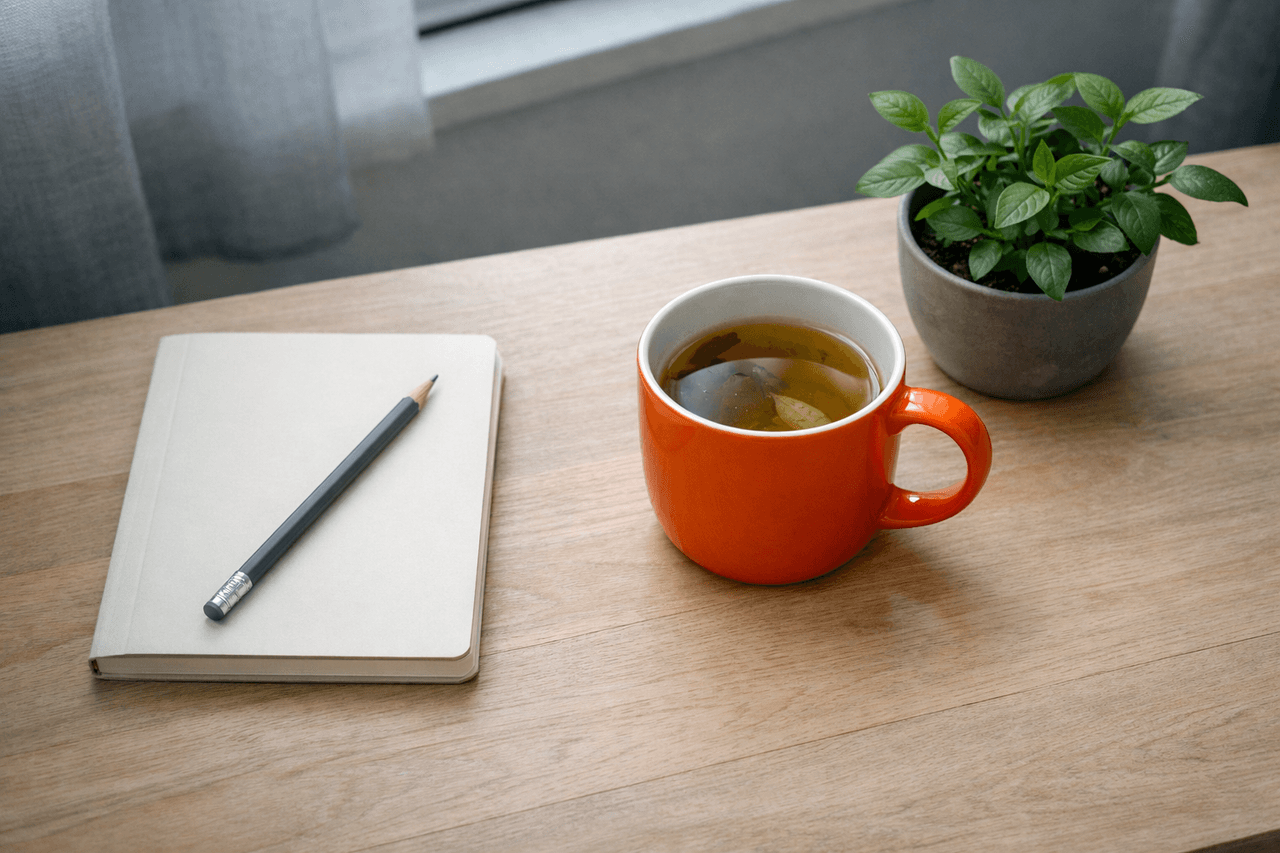 Geschlossenes Notizbuch mit Bleistift, eine orange Tasse Kräutertee und eine kleine Grünpflanze auf einem Holztisch