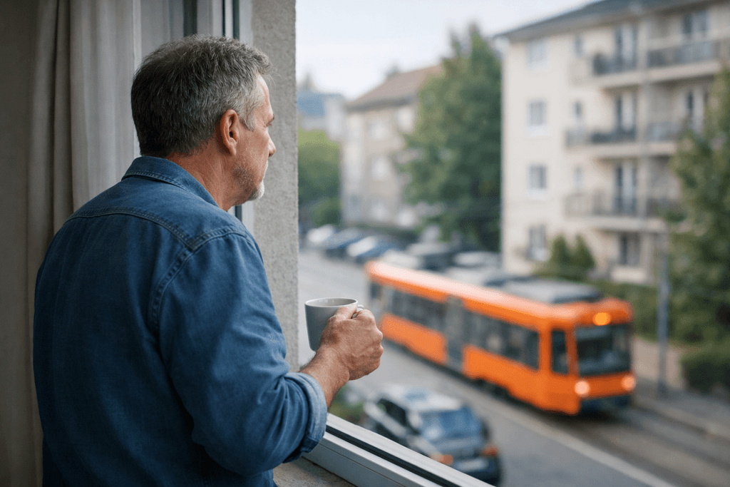 Mann im Jeanshemd steht mit einer Kaffeetasse am offenen Fenster und schaut auf eine Straße, auf der eine orange Straßenbahn fährt