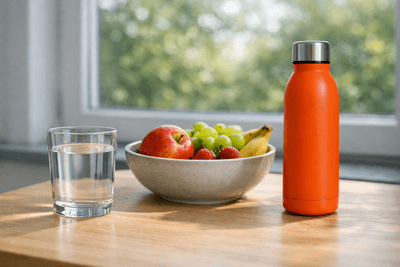 Glas Wasser, Obstschale mit Apfel, Trauben, Erdbeeren und Banane und eine orange Trinkflasche auf einem Holztisch vor einem Fenster mit grünen Bäumen