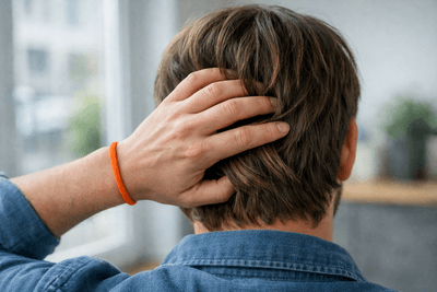 Hand mit orangem Haargummi am Handgelenk fährt durch braune Haare am Hinterkopf, von hinten gesehen