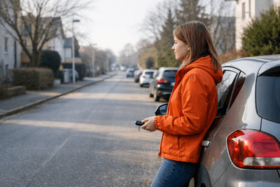 Junge Frau in oranger Jacke lehnt mit dem Autoschlüssel in der Hand an einem grauen Kleinwagen in einer ruhigen Wohnstraße