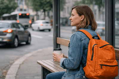 Frau mit orangem Rucksack und Kaffeebecher sitzt an einer Haltestelle und schaut auf die Straße, dahinter unscharf Autos und ein Bus