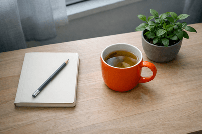 Geschlossenes Notizbuch mit Bleistift, eine orange Tasse Kräutertee und eine kleine Grünpflanze auf einem Holztisch